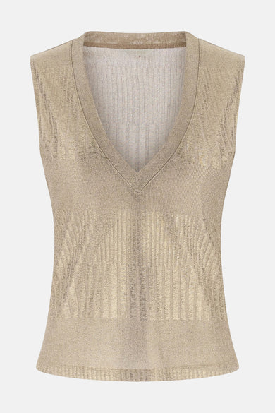 Top sans manches doré de Guess, en maille côtelée avec encolure en V.