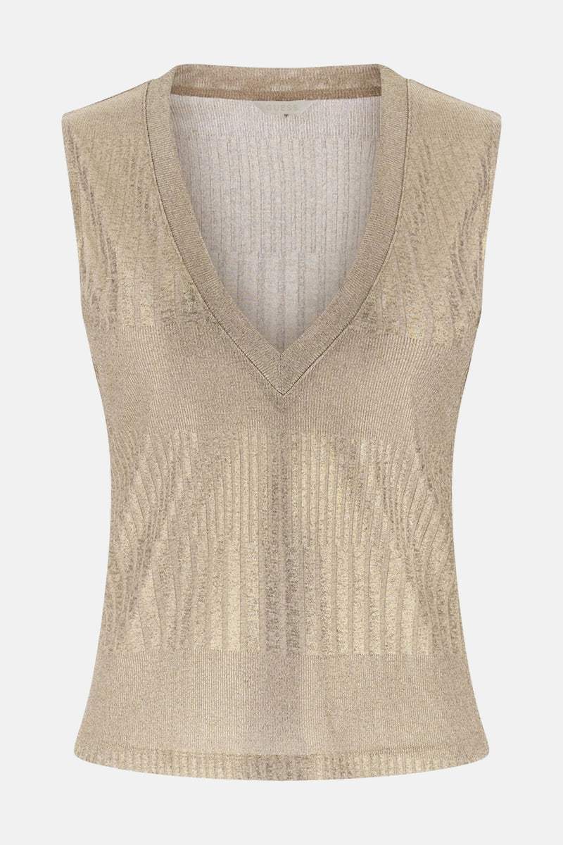 Top sans manches doré de Guess, en maille côtelée avec encolure en V.