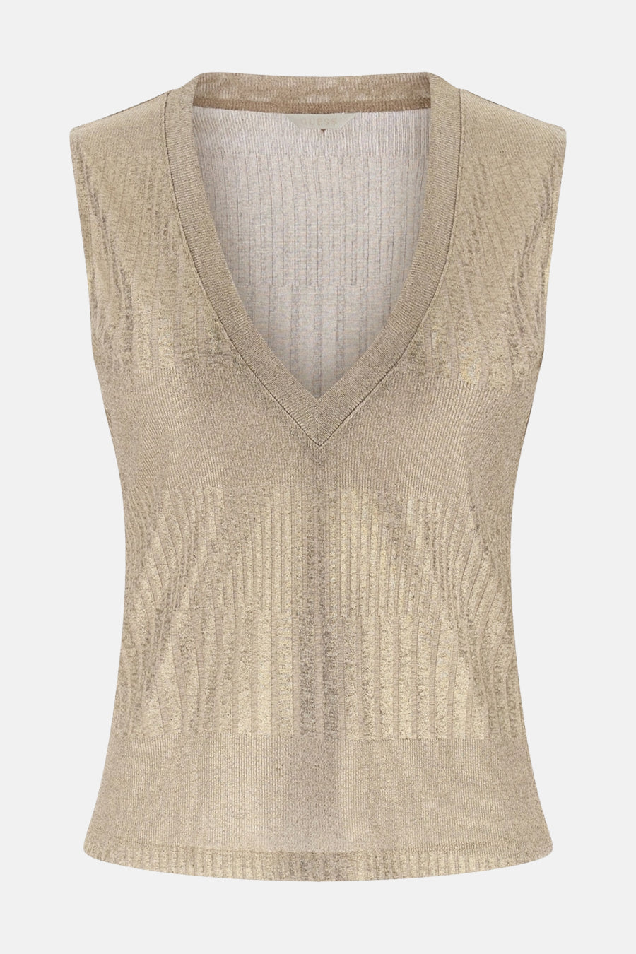 Gouden mouwloze top van Guess, met een geribbelde textuur en een subtiel metallic patroon.