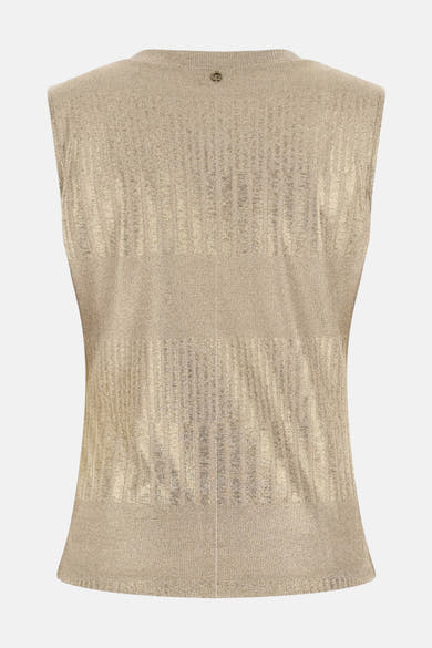 Top sans manches doré par Guess, avec une texture côtelée et un motif métallisé subtil.