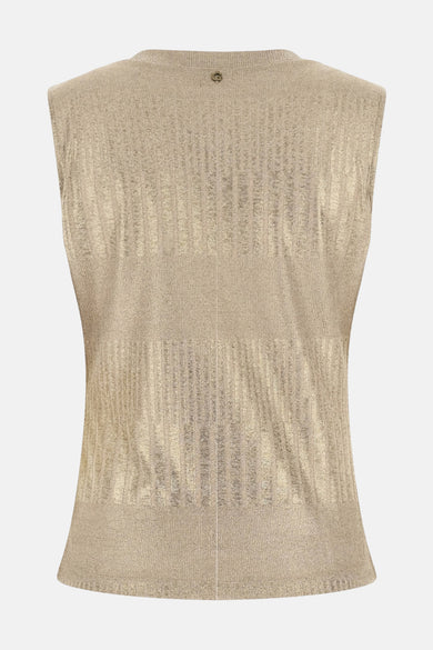 Top sans manches doré par Guess, avec une texture côtelée et un motif métallisé subtil.