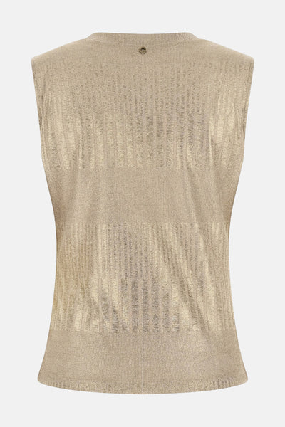 Top sans manches doré par Guess, avec une texture côtelée et un motif métallisé subtil.