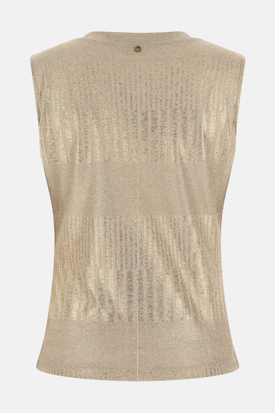 Top sans manches doré par Guess, avec une texture côtelée et un motif métallisé subtil.