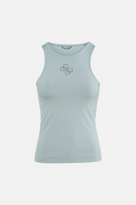 Groen mouwloos topje van Guess, met decoratief logo en geribbelde textuur, gedragen met een zwarte broek en sportschoenen.