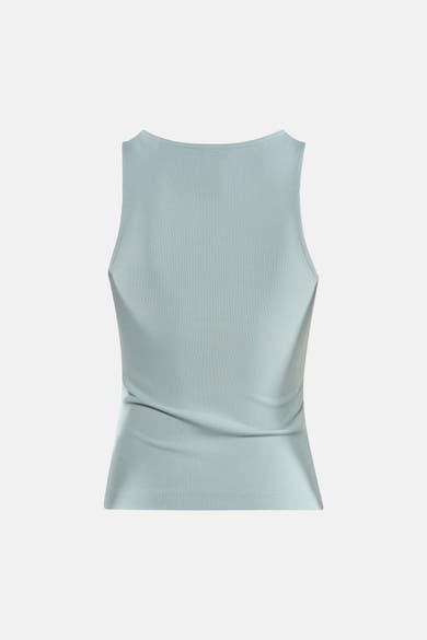 Groen mouwloos topje van Guess®, in fijne ribgebreide stof, van achteren gezien.