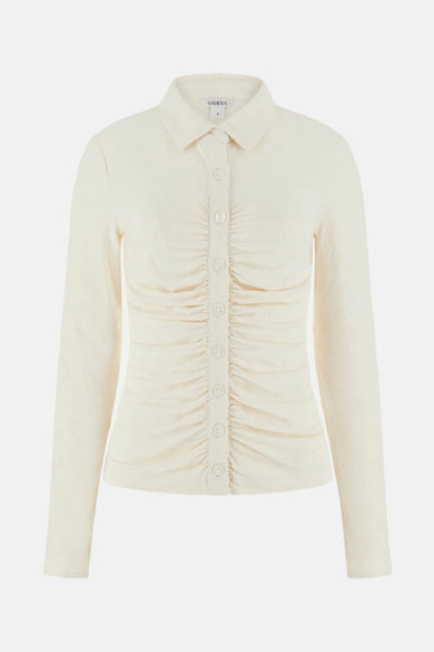 T-shirt à manches longues beige de Guess, avec fermeture boutonnée froncée et motif ton sur ton.