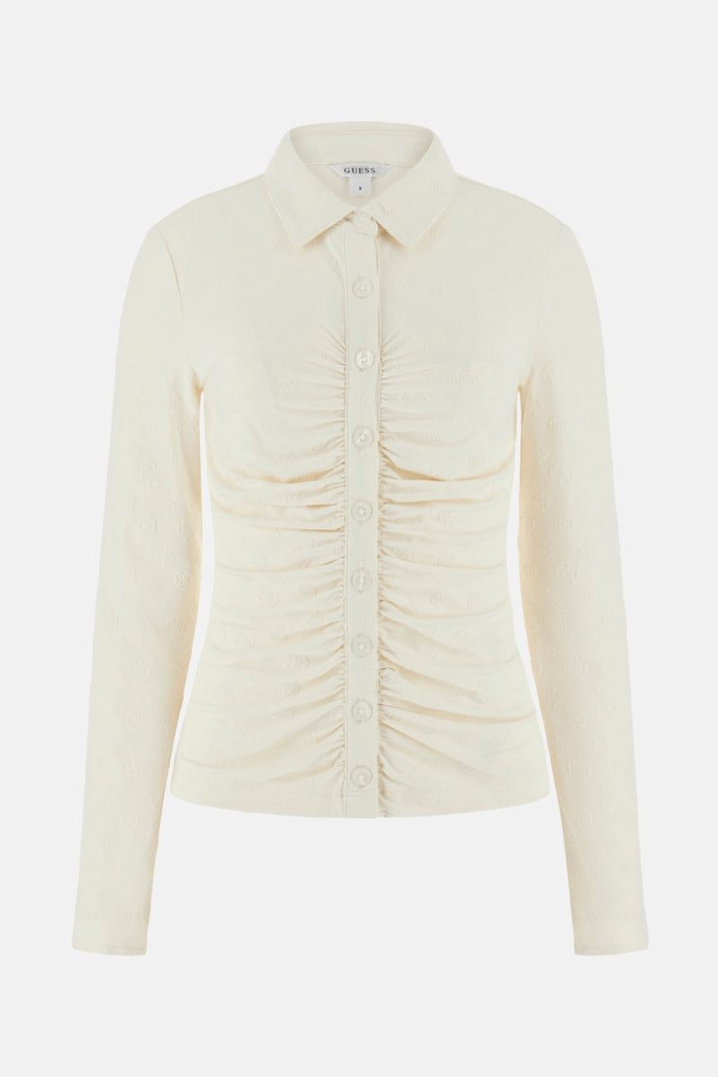 T-shirt à manches longues beige de Guess, avec fermeture boutonnée froncée et motif ton sur ton.