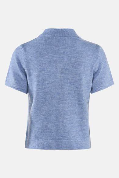 Pull bleu à manches courtes par Guess, en maille fine et coupe classique, vue de dos.
