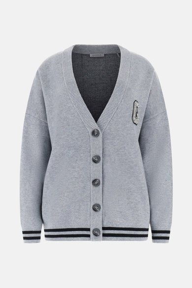 Grijze gemêleerde cardigan van Guess, met zwarte strepen op de manchetten en zoom, achterzicht.