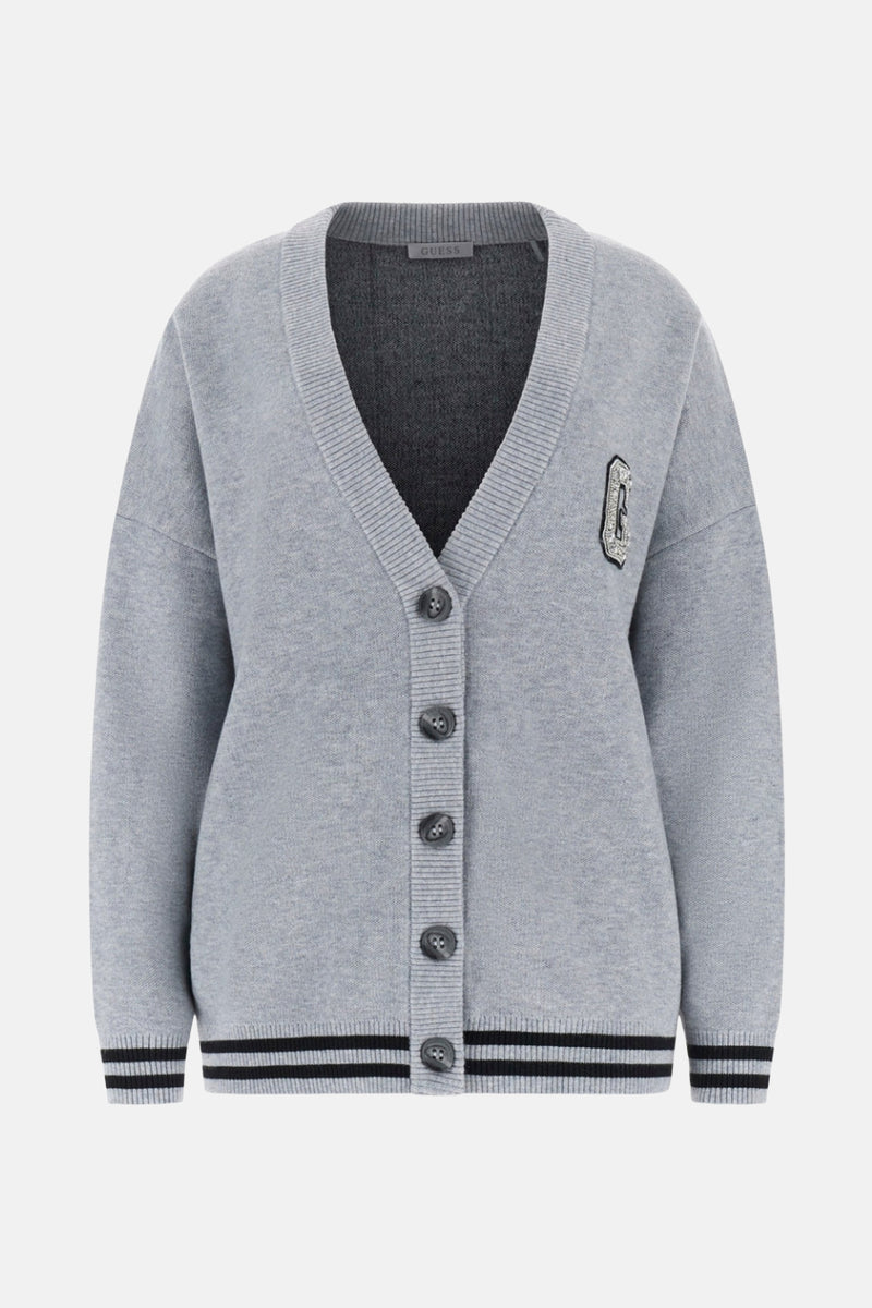 Grijze gemêleerde cardigan van Guess, met zwarte strepen op de manchetten en zoom, achterzicht.