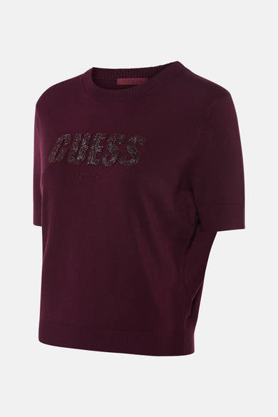 Pull à col rond bordeaux de Guess orné d'un logo à strass sur le devant.