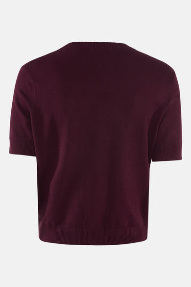 Pull bordeaux à col rond de Guess, en maille fine, vue de dos.