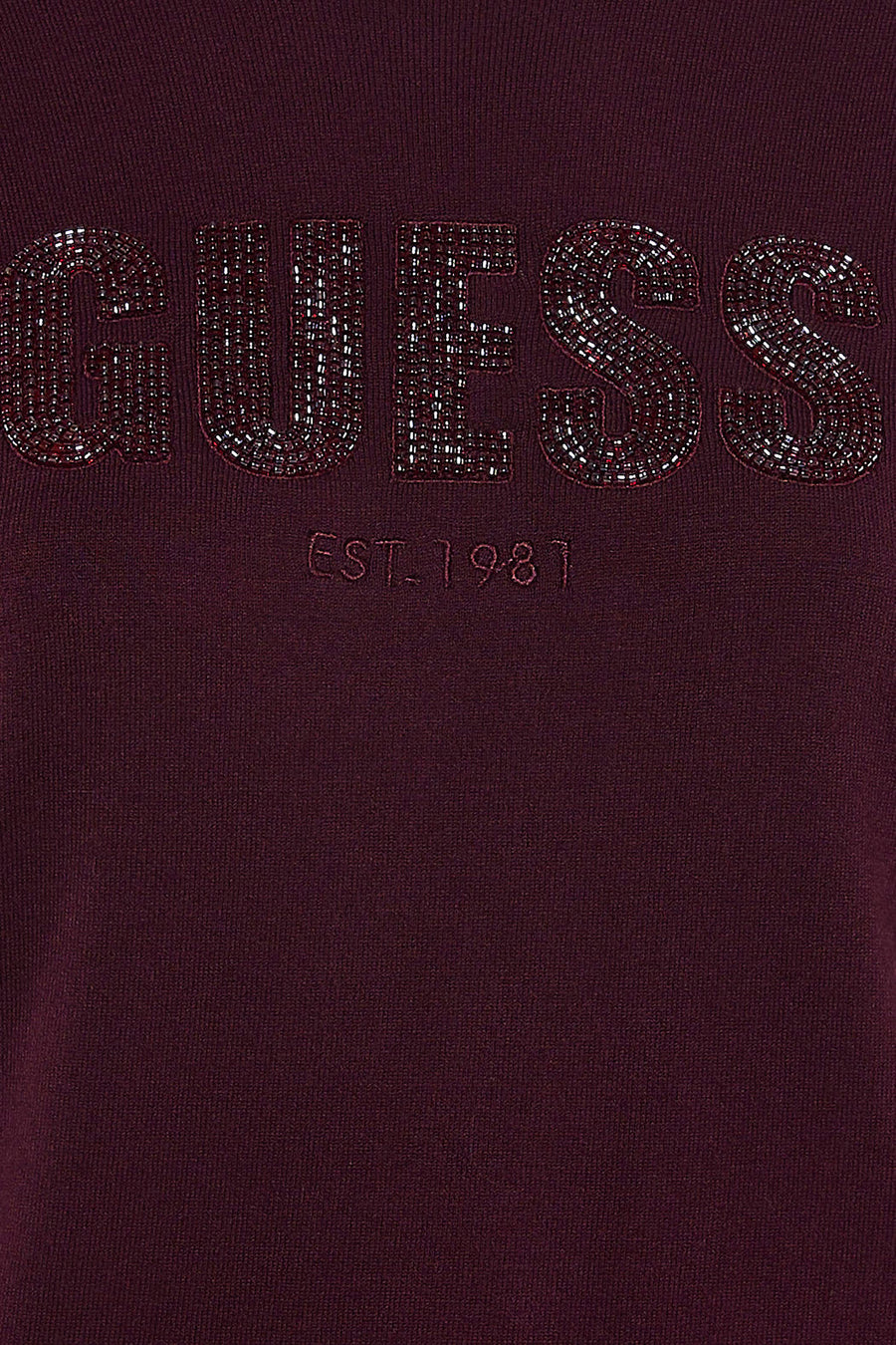 Pull à col rond bordeaux de Guess orné d'un logo en strass et brodé "Est. 1981".