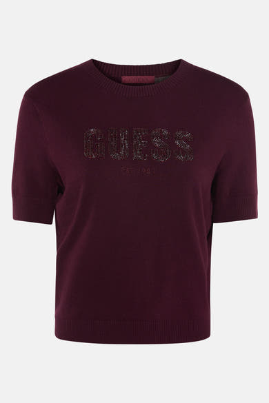 Pull bordeaux à col rond de Guess avec logo strassé et inscription EST. 1981.