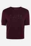 Pull bordeaux à col rond de Guess avec logo strassé et inscription EST. 1981.