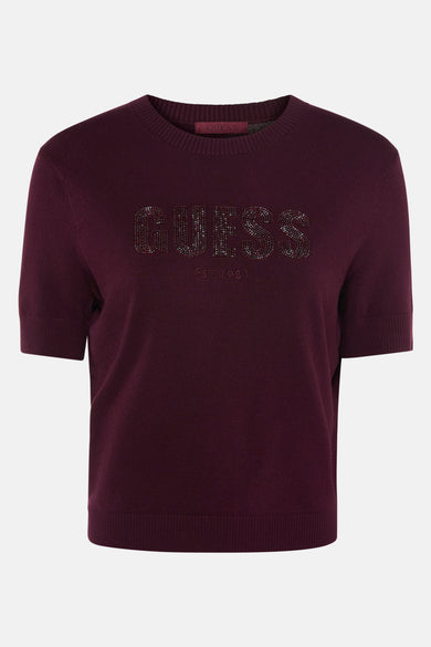 Bordeaux trui met ronde hals van Guess met strass-logo en de tekst EST. 1981.