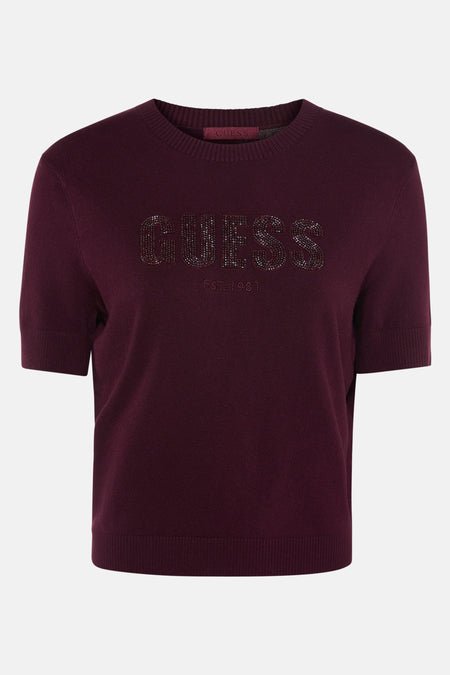 Pull bordeaux met col rond van Guess met strassend logo en inscriptie EST. 1981.