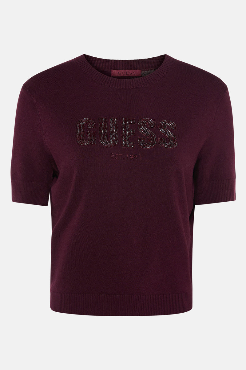 Bordeaux trui met ronde hals van Guess met strass-logo en de tekst EST. 1981.