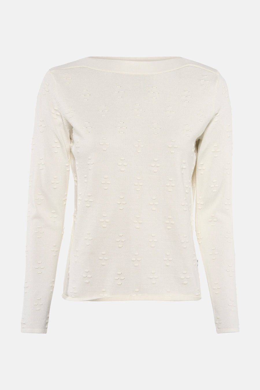 Pull écru à col rond de Zabaione, avec motif en relief en forme de trèfles répétés.