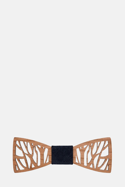 Nœud papillon marron en bois de MR. CELESTIN, à motif ajouré de ramifications.