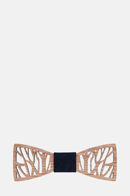 Houten bow-tie door MR. CELESTIN, met een gecartelde vegetatieve stijl en een zwarte centrale band.