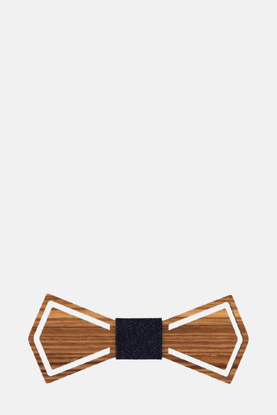 Nœud papillon en bois brun de Mr. Celestin avec empiècement central en tissu texturé bleu marine.