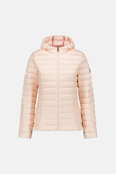Veste de pluie rose de JOTT, avec capuche et fermeture éclair centrale, sur fond neutre.
