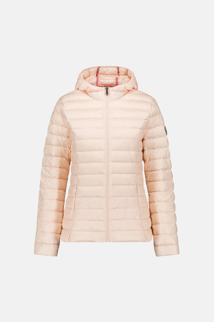 Veste de pluie rose de JOTT, avec capuche et fermeture éclair centrale, sur fond neutre.
