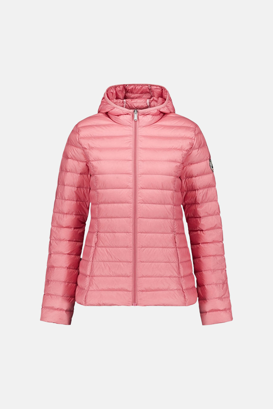 Veste de pluie rose de JOTT, avec capuche et fermeture éclair frontale.