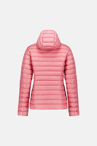 Veste de pluie rose de JOTT, matelassée avec capuche, vue de dos.