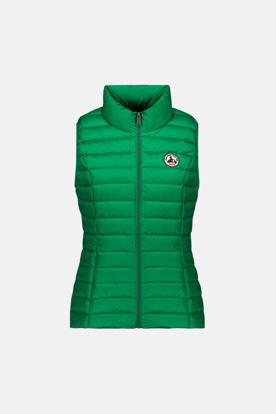 Groen mouwloos vest van JOTT, met ritssluiting en ronde badge op de borst.
