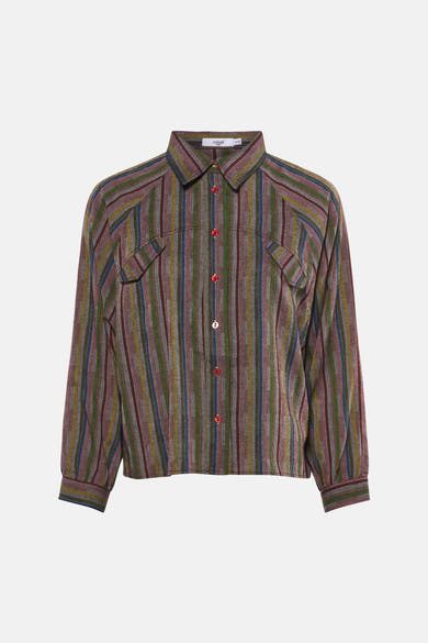 Chemise à manches longues multicolore par ADORE, rayures verticales avec poches poitrine et boutons décoratifs rouges.