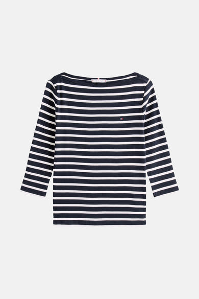 Tommy Jeans marineblauw en wit gestreept T-shirt met korte mouwen en logo op de borst.