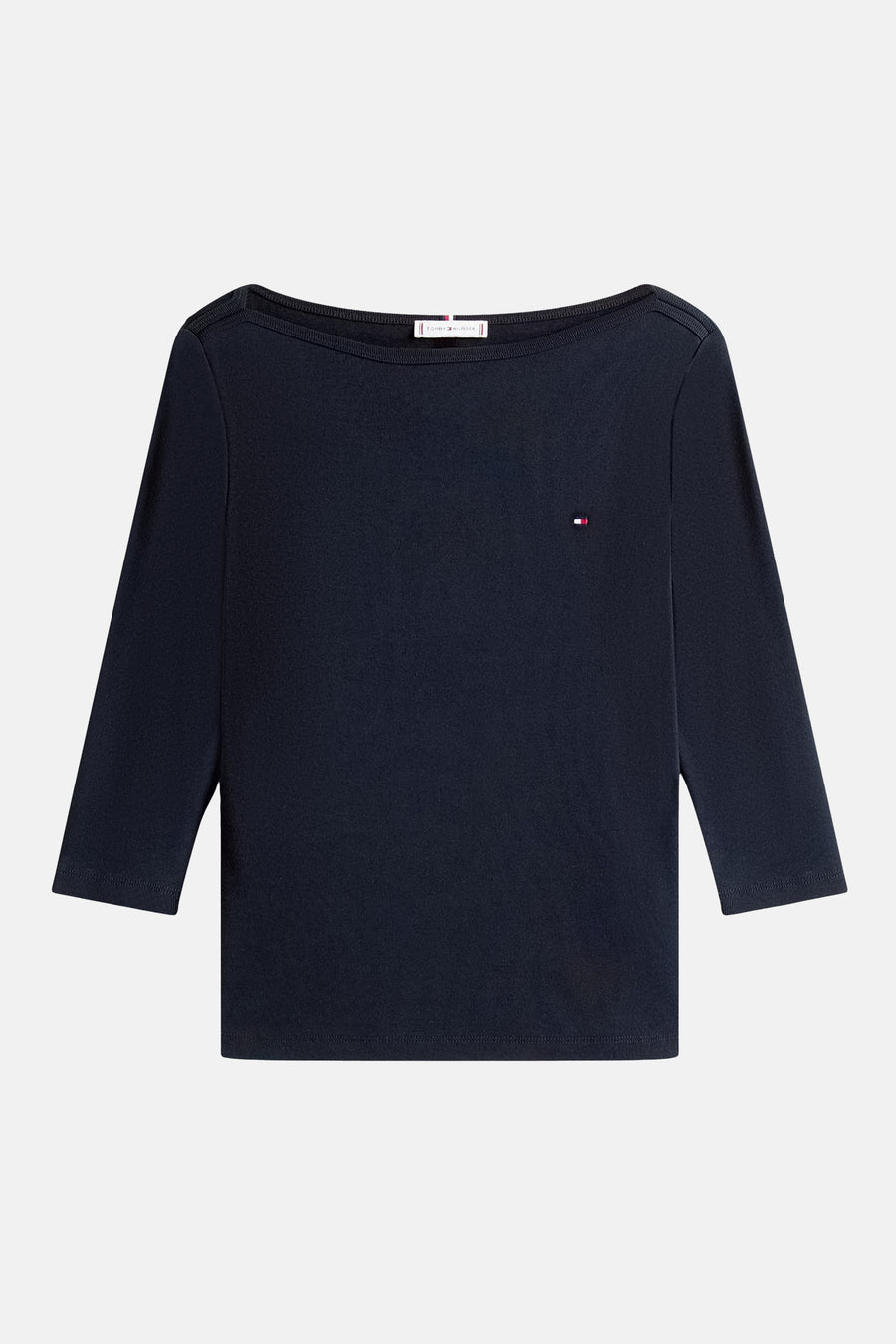 T-shirt bleu foncé à manches trois-quarts de TOMMY JEANS avec logo drapeau distinctif sur le côté.
