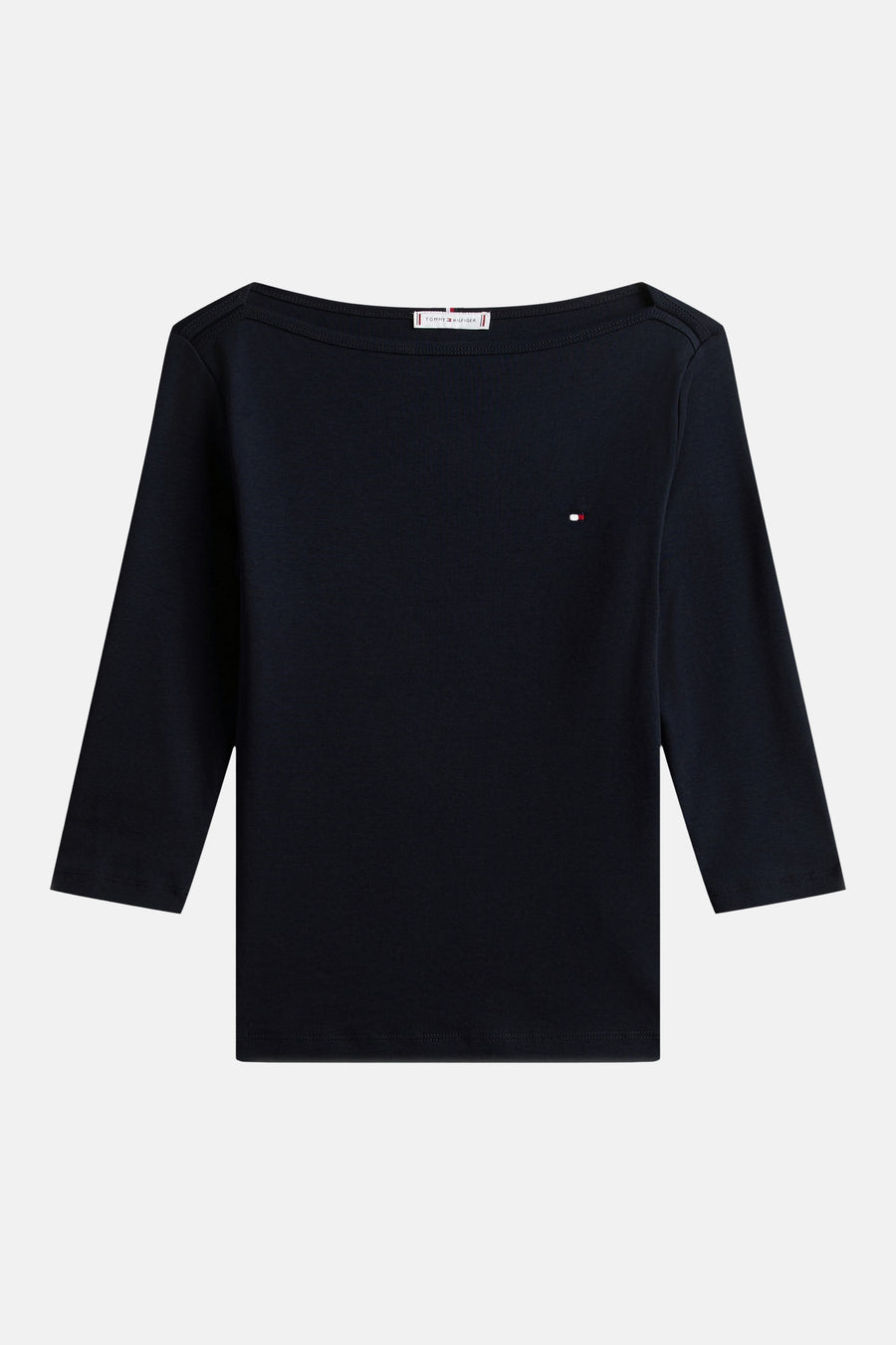 Marineblaues Dreiviertelarm-T-Shirt von Tommy Jeans mit kleinem, charakteristischem Logo auf der Brust.