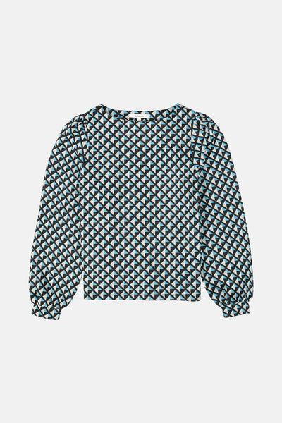 Zwarte rondehals sweatshirt van Garcia, met geometrisch patroon van zwarte, witte en blauwe driehoeken, lange pofmouwen.