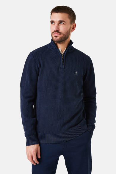 Garcia marineblauwe coltrui met wafelstructuur, ritssluiting en discreet logo.