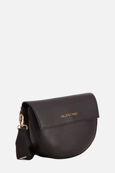 Zwarte schoudertas van VALENTINO BAGS, met stoffen schouderriem en gouden details.