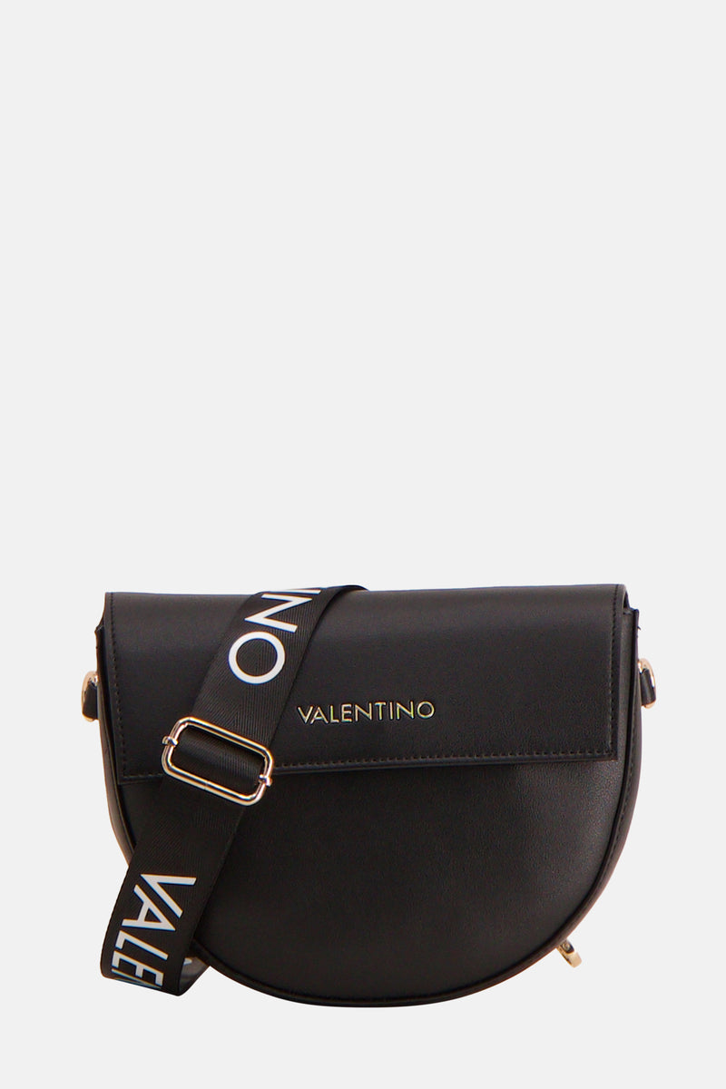 Zwarte Valentino Bags schoudertas met zwart-wit logoband en gouden afwerkingen.