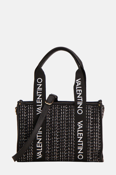 Zwarte handtas van VALENTINO BAGS met tweedpatroon en witte logohandvatten.