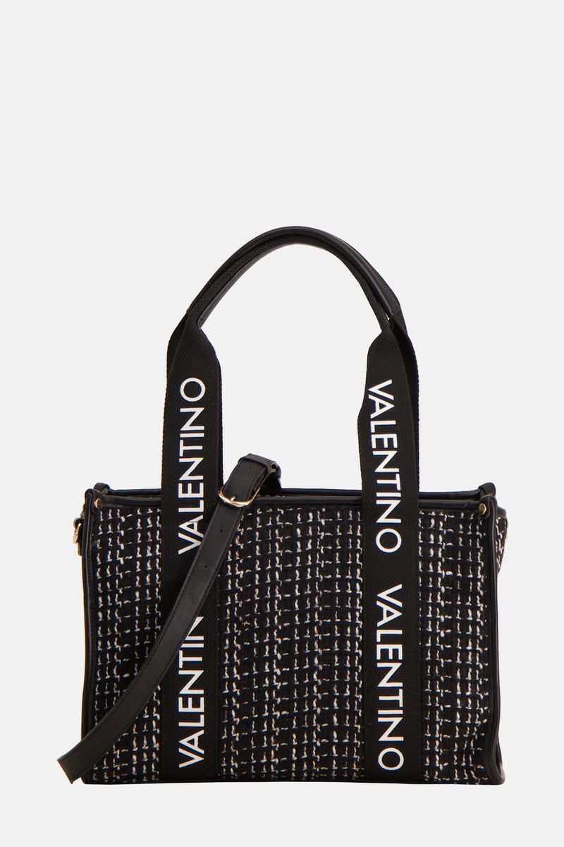 Zwarte handtas van VALENTINO BAGS met tweedpatroon en witte logohandvatten.