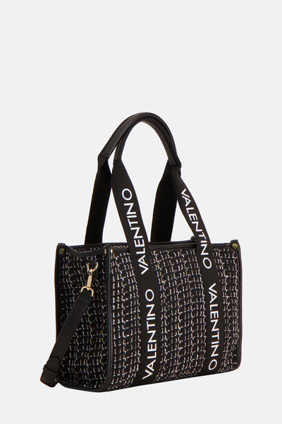 Zwarte handtas van Valentino Bags van tweedstof, met hengsels met logo en afneembare schouderriem.