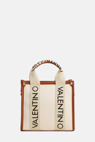 Sac à main brun de VALENTINO BAGS avec anses en toile ivoire portant le logo en noir.