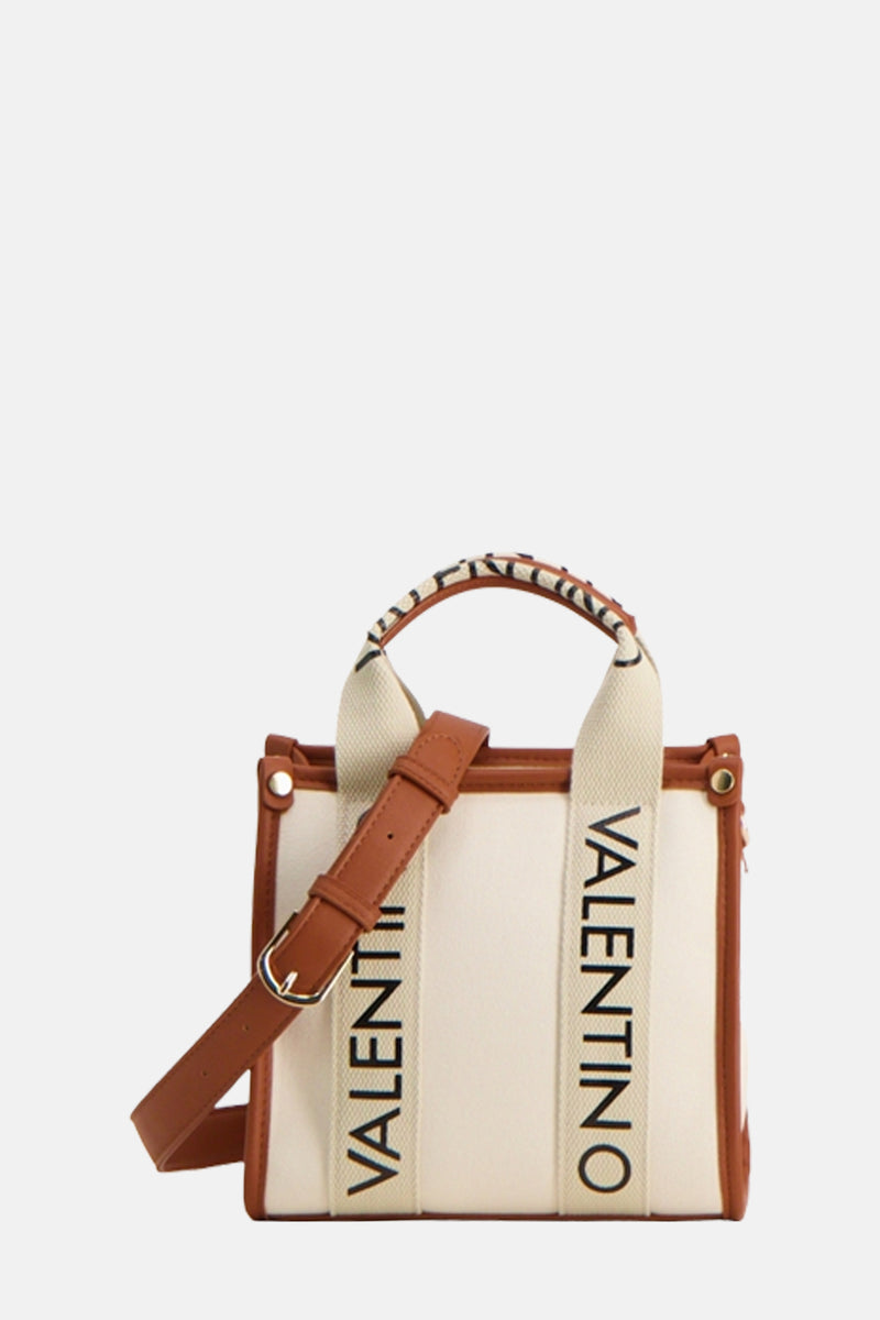 Sac à main marron de VALENTINO BAGS avec une bandoulière, des anses en tissu et lettrage vertical.