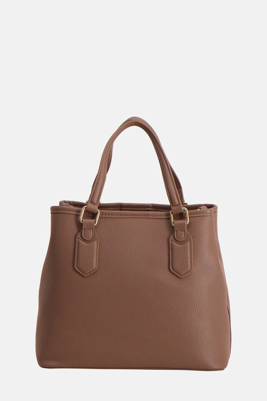 Sac à main brun de VALENTINO BAGS, avec poignées supérieures et détails dorés.