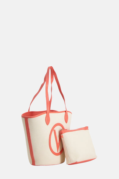 Beige schoudertas van VALENTINO BAGS met koraalkleurige afwerking en bijpassend etui.