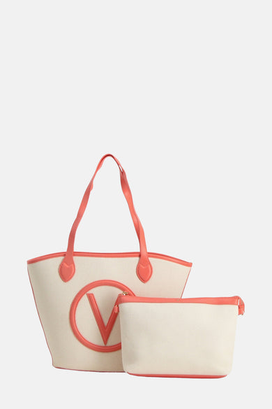 Beige canvas schoudertas van Valentino Bags, met bijpassend etui en oversized logo.