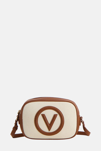 Beige schoudertas van canvas door VALENTINO BAGS, versierd met een bruin "V"-logo.