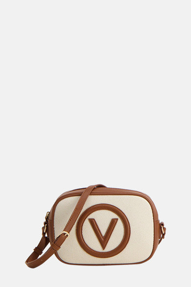 Beige schoudertas van VALENTINO BAGS met een grote bruine V op de voorkant.