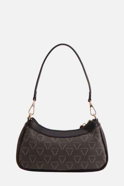 Sac à bandoulière noir par Valentino Bags, avec motif de logo répété et bandoulière fine.
